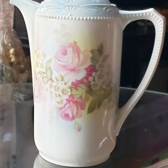 ANTIQUE GERMAN PORCELAIN CERAMIC PINK ROSES CHOCOLATE COFFEE TEA POT - Picture 2 of 14
